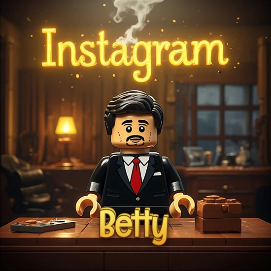 Mundo miniatura de Lego. Hombre de negocios con traje negro en escritorio clásico. Logotipo de Instagram en neón amarillo brillante con humo ligero. Nombre en 3D apoyado en el escritorio. Diseño con el nombre Betty.