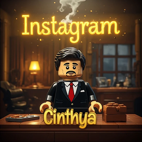 Mundo miniatura de Lego. Hombre de negocios con traje negro en escritorio clásico. Logotipo de Instagram en neón amarillo brillante con humo ligero. Nombre en 3D apoyado en el escritorio. Diseño con el nombre Cinthya.
