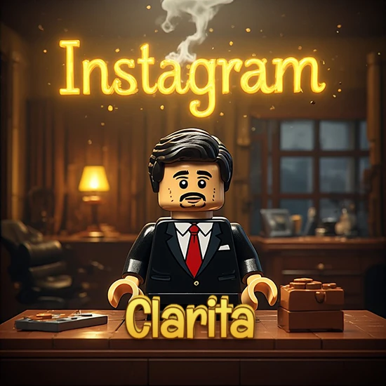 Mundo miniatura de Lego. Hombre de negocios con traje negro en escritorio clásico. Logotipo de Instagram en neón amarillo brillante con humo ligero. Nombre en 3D apoyado en el escritorio. Diseño con el nombre Clarita.