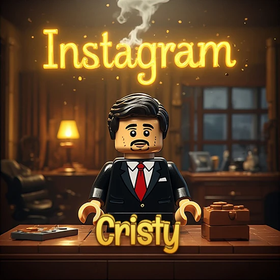 Mundo miniatura de Lego. Hombre de negocios con traje negro en escritorio clásico. Logotipo de Instagram en neón amarillo brillante con humo ligero. Nombre en 3D apoyado en el escritorio. Diseño con el nombre Cristy.