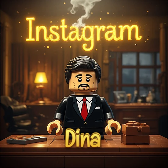 Mundo miniatura de Lego. Hombre de negocios con traje negro en escritorio clásico. Logotipo de Instagram en neón amarillo brillante con humo ligero. Nombre en 3D apoyado en el escritorio. Diseño con el nombre Dina. Mundo miniatura de Lego. Hombre de negocios con traje negro en escritorio clásico. Logotipo de Instagram en neón amarillo brillante con humo ligero. Nombre en 3D apoyado en el escritorio. Diseño con el nombre Dina.