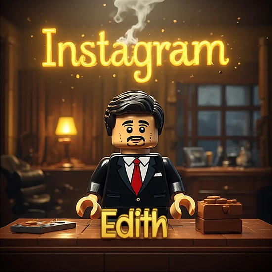 Mundo miniatura de Lego. Hombre de negocios con traje negro en escritorio clásico. Logotipo de Instagram en neón amarillo brillante con humo ligero. Nombre en 3D apoyado en el escritorio. Diseño con el nombre Edith.