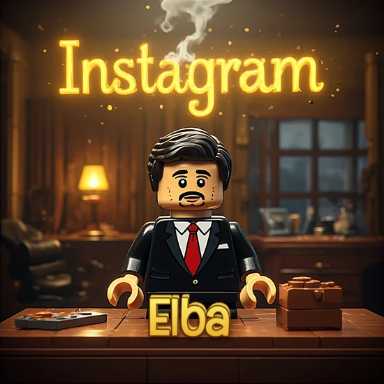 Mundo miniatura de Lego. Hombre de negocios con traje negro en escritorio clásico. Logotipo de Instagram en neón amarillo brillante con humo ligero. Nombre en 3D apoyado en el escritorio. Diseño con el nombre Elba.