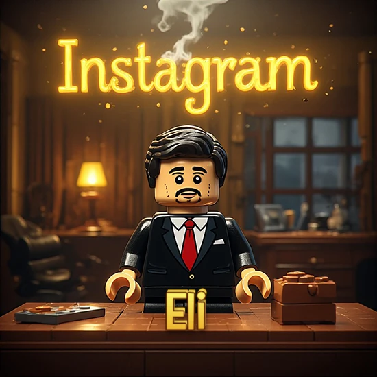 Mundo miniatura de Lego. Hombre de negocios con traje negro en escritorio clásico. Logotipo de Instagram en neón amarillo brillante con humo ligero. Nombre en 3D apoyado en el escritorio. Diseño con el nombre Eli.