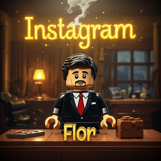 Mundo miniatura de Lego. Hombre de negocios con traje negro en escritorio clásico. Logotipo de Instagram en neón amarillo brillante con humo ligero. Nombre en 3D apoyado en el escritorio. Diseño con el nombre Flor.
