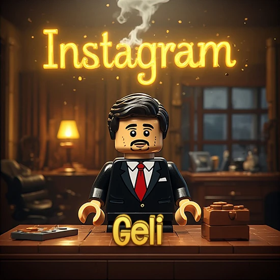 Mundo miniatura de Lego. Hombre de negocios con traje negro en escritorio clásico. Logotipo de Instagram en neón amarillo brillante con humo ligero. Nombre en 3D apoyado en el escritorio. Diseño con el nombre Geli.
