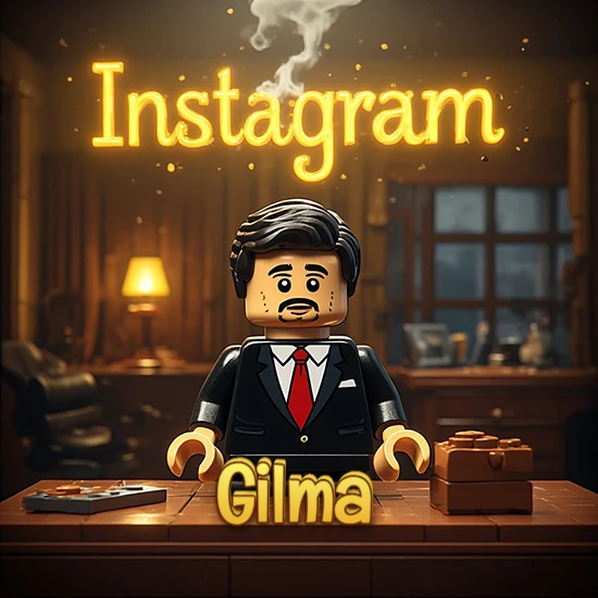 Mundo miniatura de Lego. Hombre de negocios con traje negro en escritorio clásico. Logotipo de Instagram en neón amarillo brillante con humo ligero. Nombre en 3D apoyado en el escritorio. Diseño con el nombre Gilma.