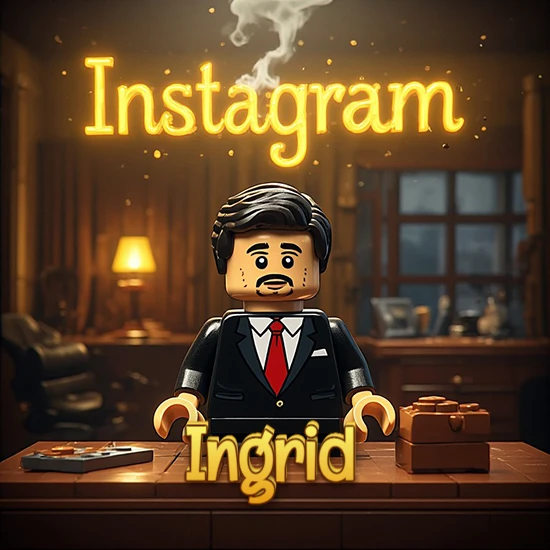 Mundo miniatura de Lego. Hombre de negocios con traje negro en escritorio clásico. Logotipo de Instagram en neón amarillo brillante con humo ligero. Nombre en 3D apoyado en el escritorio. Diseño con el nombre Ingrid. Mundo miniatura de Lego. Hombre de negocios con traje negro en escritorio clásico. Logotipo de Instagram en neón amarillo brillante con humo ligero. Nombre en 3D apoyado en el escritorio. Diseño con el nombre Ingrid.