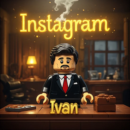 Mundo miniatura de Lego. Hombre de negocios con traje negro en escritorio clásico. Logotipo de Instagram en neón amarillo brillante con humo ligero. Nombre en 3D apoyado en el escritorio. Diseño con el nombre Ivan.