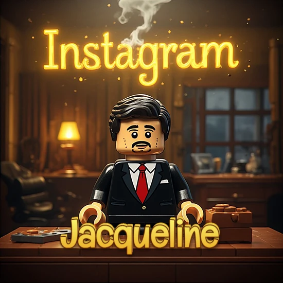 Mundo miniatura de Lego. Hombre de negocios con traje negro en escritorio clásico. Logotipo de Instagram en neón amarillo brillante con humo ligero. Nombre en 3D apoyado en el escritorio. Diseño con el nombre Jacqueline.
