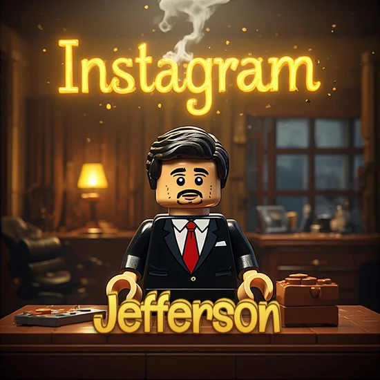 Mundo miniatura de Lego. Hombre de negocios con traje negro en escritorio clásico. Logotipo de Instagram en neón amarillo brillante con humo ligero. Nombre en 3D apoyado en el escritorio. Diseño con el nombre Jefferson.