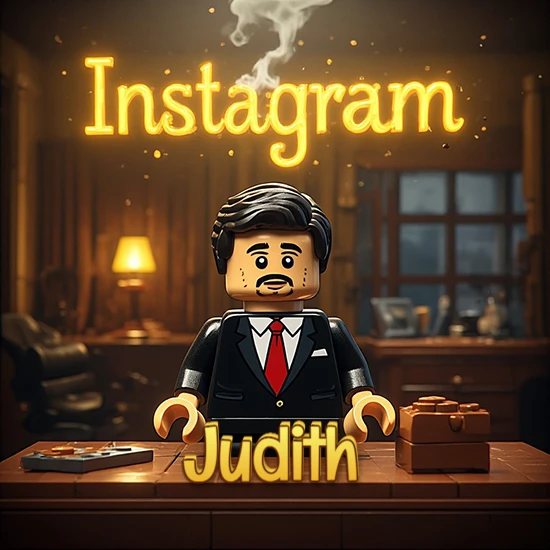 Mundo miniatura de Lego. Hombre de negocios con traje negro en escritorio clásico. Logotipo de Instagram en neón amarillo brillante con humo ligero. Nombre en 3D apoyado en el escritorio. Diseño con el nombre Judith.