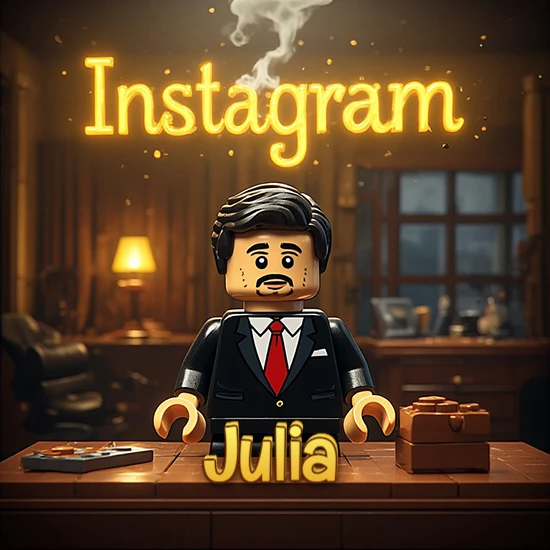 Mundo miniatura de Lego. Hombre de negocios con traje negro en escritorio clásico. Logotipo de Instagram en neón amarillo brillante con humo ligero. Nombre en 3D apoyado en el escritorio. Diseño con el nombre Julia.