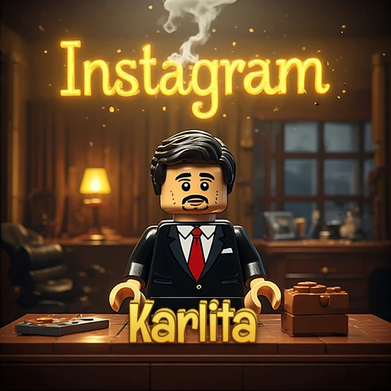 Mundo miniatura de Lego. Hombre de negocios con traje negro en escritorio clásico. Logotipo de Instagram en neón amarillo brillante con humo ligero. Nombre en 3D apoyado en el escritorio. Diseño con el nombre Karlita.