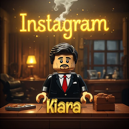 Mundo miniatura de Lego. Hombre de negocios con traje negro en escritorio clásico. Logotipo de Instagram en neón amarillo brillante con humo ligero. Nombre en 3D apoyado en el escritorio. Diseño con el nombre Kiara.