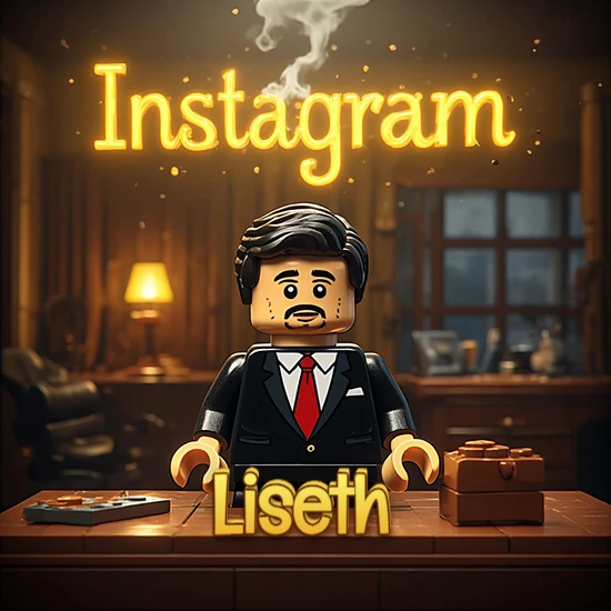 Mundo miniatura de Lego. Hombre de negocios con traje negro en escritorio clásico. Logotipo de Instagram en neón amarillo brillante con humo ligero. Nombre en 3D apoyado en el escritorio. Diseño con el nombre Liseth.