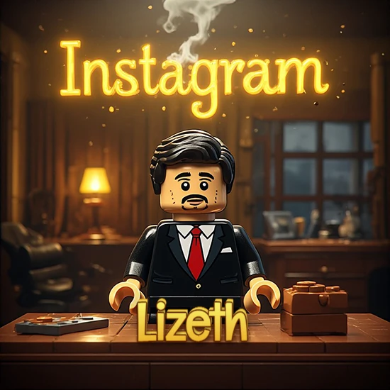 Mundo miniatura de Lego. Hombre de negocios con traje negro en escritorio clásico. Logotipo de Instagram en neón amarillo brillante con humo ligero. Nombre en 3D apoyado en el escritorio. Diseño con el nombre Lizeth. Mundo miniatura de Lego. Hombre de negocios con traje negro en escritorio clásico. Logotipo de Instagram en neón amarillo brillante con humo ligero. Nombre en 3D apoyado en el escritorio. Diseño con el nombre Lizeth.