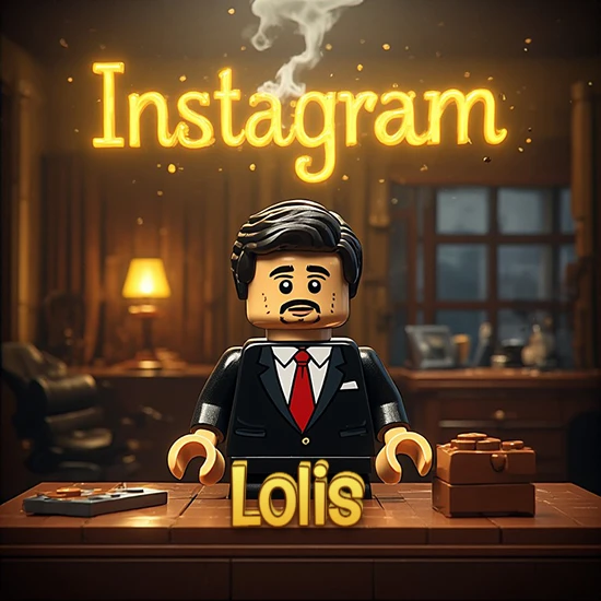 Mundo miniatura de Lego. Hombre de negocios con traje negro en escritorio clásico. Logotipo de Instagram en neón amarillo brillante con humo ligero. Nombre en 3D apoyado en el escritorio. Diseño con el nombre Lolis.