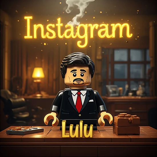 Mundo miniatura de Lego. Hombre de negocios con traje negro en escritorio clásico. Logotipo de Instagram en neón amarillo brillante con humo ligero. Nombre en 3D apoyado en el escritorio. Diseño con el nombre Lulu.