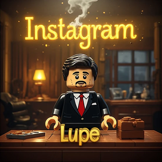 Mundo miniatura de Lego. Hombre de negocios con traje negro en escritorio clásico. Logotipo de Instagram en neón amarillo brillante con humo ligero. Nombre en 3D apoyado en el escritorio. Diseño con el nombre Lupe.