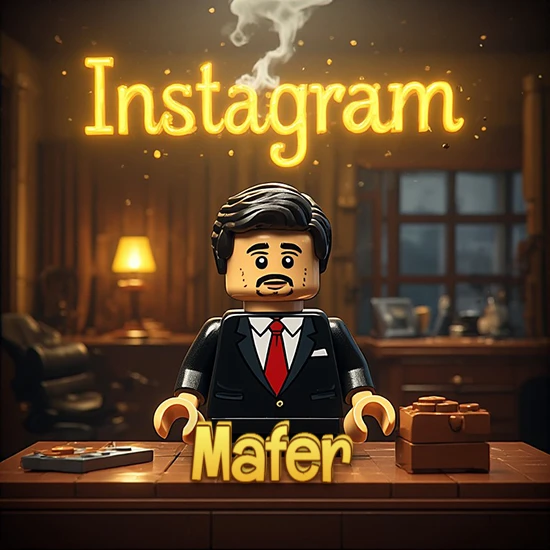 Mundo miniatura de Lego. Hombre de negocios con traje negro en escritorio clásico. Logotipo de Instagram en neón amarillo brillante con humo ligero. Nombre en 3D apoyado en el escritorio. Diseño con el nombre Mafer. Mundo miniatura de Lego. Hombre de negocios con traje negro en escritorio clásico. Logotipo de Instagram en neón amarillo brillante con humo ligero. Nombre en 3D apoyado en el escritorio. Diseño con el nombre Mafer.