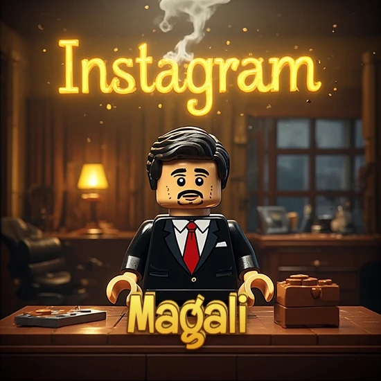 Mundo miniatura de Lego. Hombre de negocios con traje negro en escritorio clásico. Logotipo de Instagram en neón amarillo brillante con humo ligero. Nombre en 3D apoyado en el escritorio. Diseño con el nombre Magali.