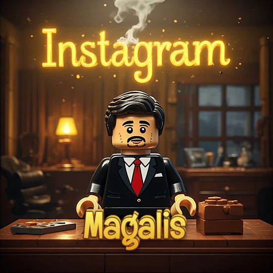 Mundo miniatura de Lego. Hombre de negocios con traje negro en escritorio clásico. Logotipo de Instagram en neón amarillo brillante con humo ligero. Nombre en 3D apoyado en el escritorio. Diseño con el nombre Magalis. Mundo miniatura de Lego. Hombre de negocios con traje negro en escritorio clásico. Logotipo de Instagram en neón amarillo brillante con humo ligero. Nombre en 3D apoyado en el escritorio. Diseño con el nombre Magalis.