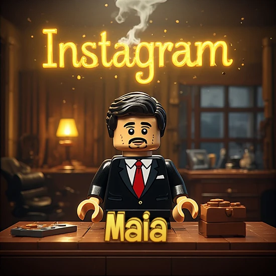 Mundo miniatura de Lego. Hombre de negocios con traje negro en escritorio clásico. Logotipo de Instagram en neón amarillo brillante con humo ligero. Nombre en 3D apoyado en el escritorio. Diseño con el nombre Maia.