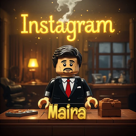 Mundo miniatura de Lego. Hombre de negocios con traje negro en escritorio clásico. Logotipo de Instagram en neón amarillo brillante con humo ligero. Nombre en 3D apoyado en el escritorio. Diseño con el nombre Maira.