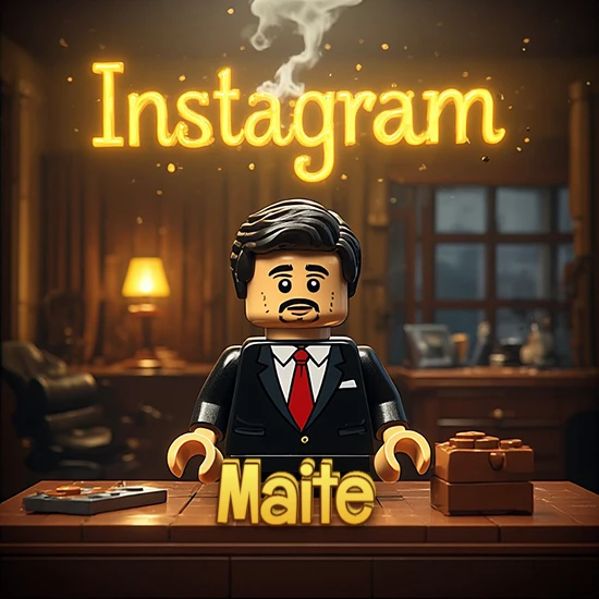 Mundo miniatura de Lego. Hombre de negocios con traje negro en escritorio clásico. Logotipo de Instagram en neón amarillo brillante con humo ligero. Nombre en 3D apoyado en el escritorio. Diseño con el nombre Maite.