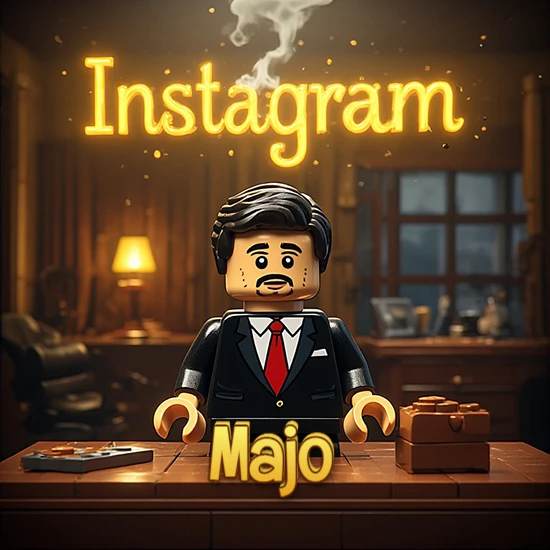 Mundo miniatura de Lego. Hombre de negocios con traje negro en escritorio clásico. Logotipo de Instagram en neón amarillo brillante con humo ligero. Nombre en 3D apoyado en el escritorio. Diseño con el nombre Majo.