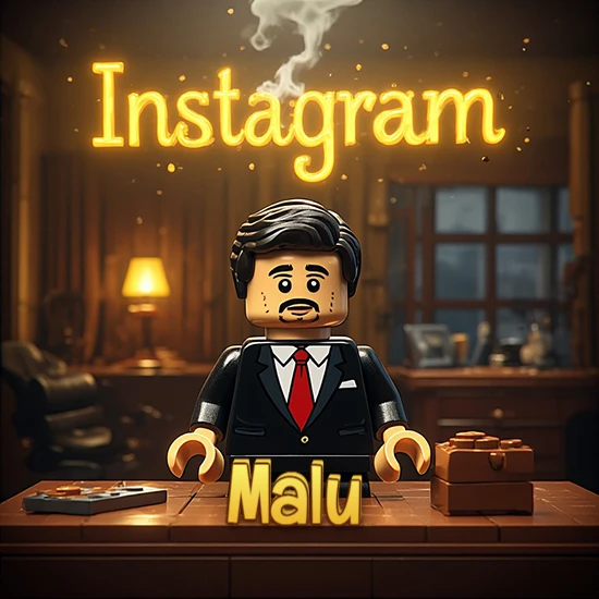Mundo miniatura de Lego. Hombre de negocios con traje negro en escritorio clásico. Logotipo de Instagram en neón amarillo brillante con humo ligero. Nombre en 3D apoyado en el escritorio. Diseño con el nombre Malu.