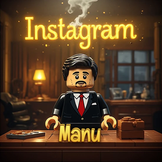 Mundo miniatura de Lego. Hombre de negocios con traje negro en escritorio clásico. Logotipo de Instagram en neón amarillo brillante con humo ligero. Nombre en 3D apoyado en el escritorio. Diseño con el nombre Manu.