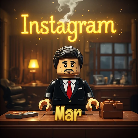 Mundo miniatura de Lego. Hombre de negocios con traje negro en escritorio clásico. Logotipo de Instagram en neón amarillo brillante con humo ligero. Nombre en 3D apoyado en el escritorio. Diseño con el nombre Mar.