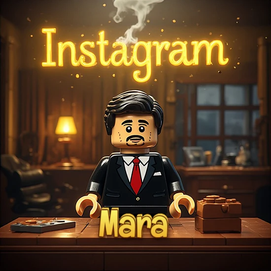Mundo miniatura de Lego. Hombre de negocios con traje negro en escritorio clásico. Logotipo de Instagram en neón amarillo brillante con humo ligero. Nombre en 3D apoyado en el escritorio. Diseño con el nombre Mara.
