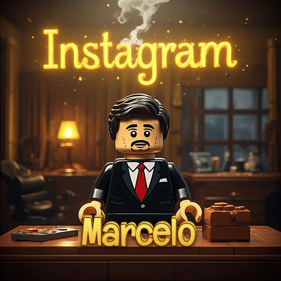 Mundo miniatura de Lego. Hombre de negocios con traje negro en escritorio clásico. Logotipo de Instagram en neón amarillo brillante con humo ligero. Nombre en 3D apoyado en el escritorio. Diseño con el nombre Marcelo.