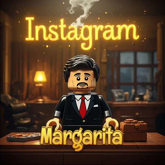 Mundo miniatura de Lego. Hombre de negocios con traje negro en escritorio clásico. Logotipo de Instagram en neón amarillo brillante con humo ligero. Nombre en 3D apoyado en el escritorio. Diseño con el nombre Margarita.