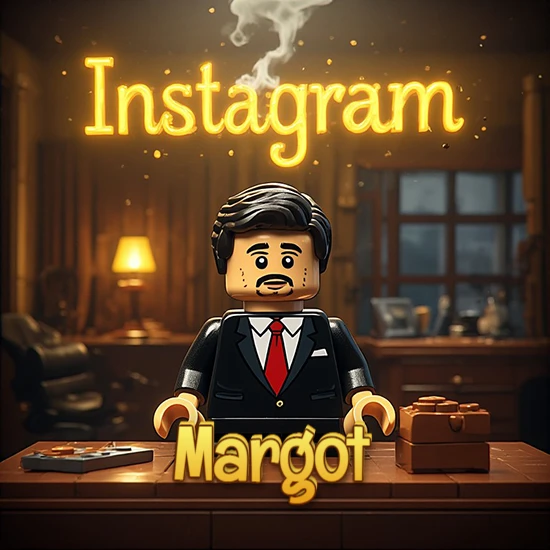 Mundo miniatura de Lego. Hombre de negocios con traje negro en escritorio clásico. Logotipo de Instagram en neón amarillo brillante con humo ligero. Nombre en 3D apoyado en el escritorio. Diseño con el nombre Margot.