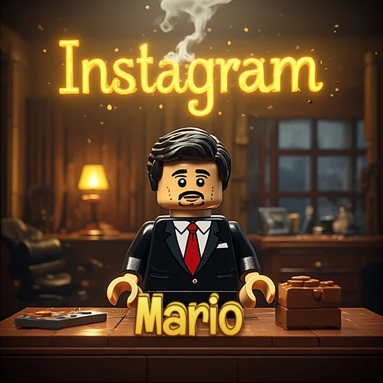 Mundo miniatura de Lego. Hombre de negocios con traje negro en escritorio clásico. Logotipo de Instagram en neón amarillo brillante con humo ligero. Nombre en 3D apoyado en el escritorio. Diseño con el nombre Mario.