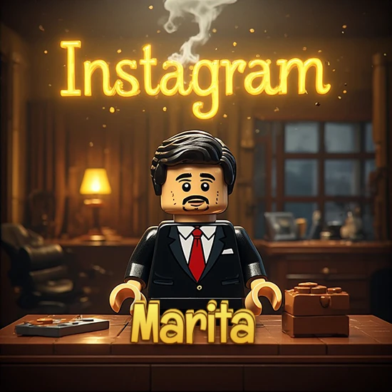 Mundo miniatura de Lego. Hombre de negocios con traje negro en escritorio clásico. Logotipo de Instagram en neón amarillo brillante con humo ligero. Nombre en 3D apoyado en el escritorio. Diseño con el nombre Marita.