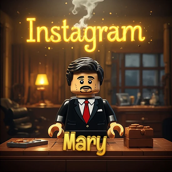Mundo miniatura de Lego. Hombre de negocios con traje negro en escritorio clásico. Logotipo de Instagram en neón amarillo brillante con humo ligero. Nombre en 3D apoyado en el escritorio. Diseño con el nombre Mary.