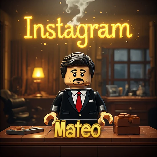 Mundo miniatura de Lego. Hombre de negocios con traje negro en escritorio clásico. Logotipo de Instagram en neón amarillo brillante con humo ligero. Nombre en 3D apoyado en el escritorio. Diseño con el nombre Mateo.