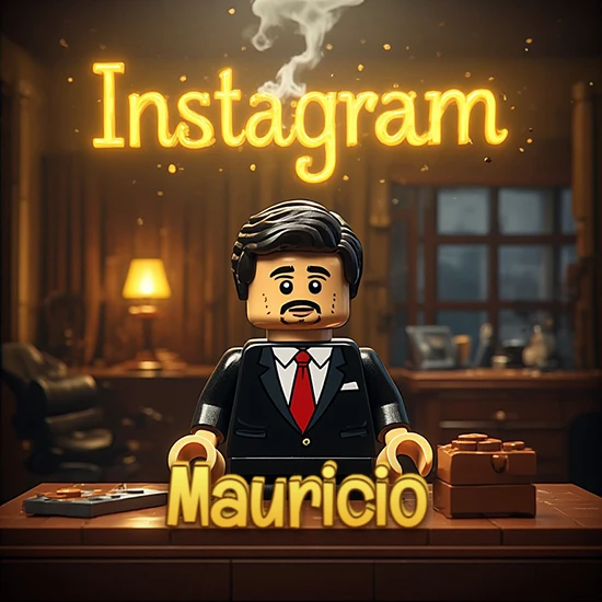 Mundo miniatura de Lego. Hombre de negocios con traje negro en escritorio clásico. Logotipo de Instagram en neón amarillo brillante con humo ligero. Nombre en 3D apoyado en el escritorio. Diseño con el nombre Mauricio.