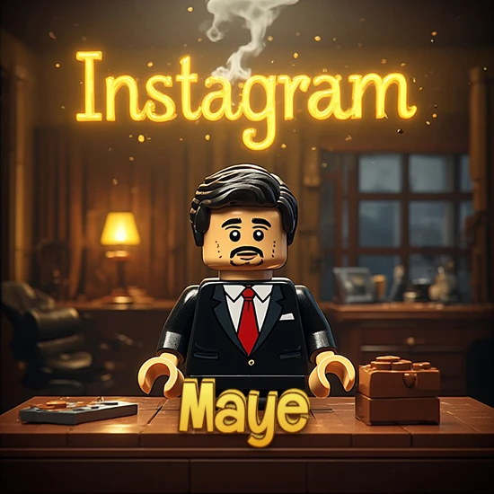 Mundo miniatura de Lego. Hombre de negocios con traje negro en escritorio clásico. Logotipo de Instagram en neón amarillo brillante con humo ligero. Nombre en 3D apoyado en el escritorio. Diseño con el nombre Maye.