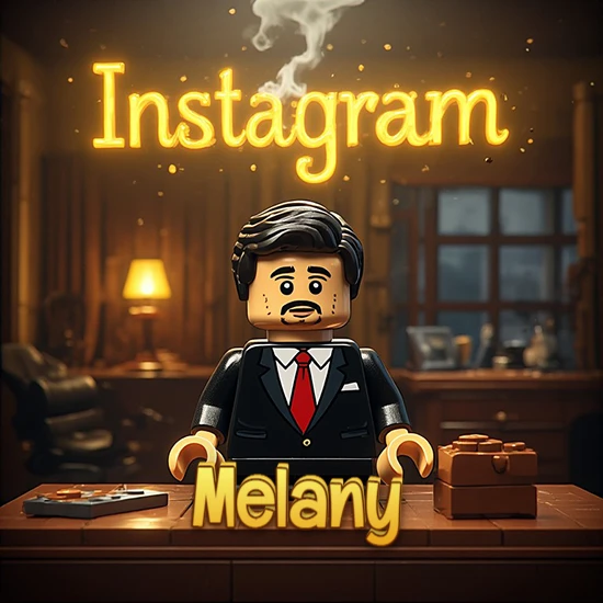 Mundo miniatura de Lego. Hombre de negocios con traje negro en escritorio clásico. Logotipo de Instagram en neón amarillo brillante con humo ligero. Nombre en 3D apoyado en el escritorio. Diseño con el nombre Melany.