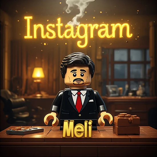 Mundo miniatura de Lego. Hombre de negocios con traje negro en escritorio clásico. Logotipo de Instagram en neón amarillo brillante con humo ligero. Nombre en 3D apoyado en el escritorio. Diseño con el nombre Meli.
