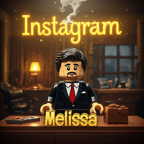 Mundo miniatura de Lego. Hombre de negocios con traje negro en escritorio clásico. Logotipo de Instagram en neón amarillo brillante con humo ligero. Nombre en 3D apoyado en el escritorio. Diseño con el nombre Melissa.