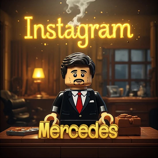 Mundo miniatura de Lego. Hombre de negocios con traje negro en escritorio clásico. Logotipo de Instagram en neón amarillo brillante con humo ligero. Nombre en 3D apoyado en el escritorio. Diseño con el nombre Mercedes.