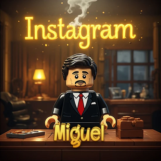 Mundo miniatura de Lego. Hombre de negocios con traje negro en escritorio clásico. Logotipo de Instagram en neón amarillo brillante con humo ligero. Nombre en 3D apoyado en el escritorio. Diseño con el nombre Miguel.