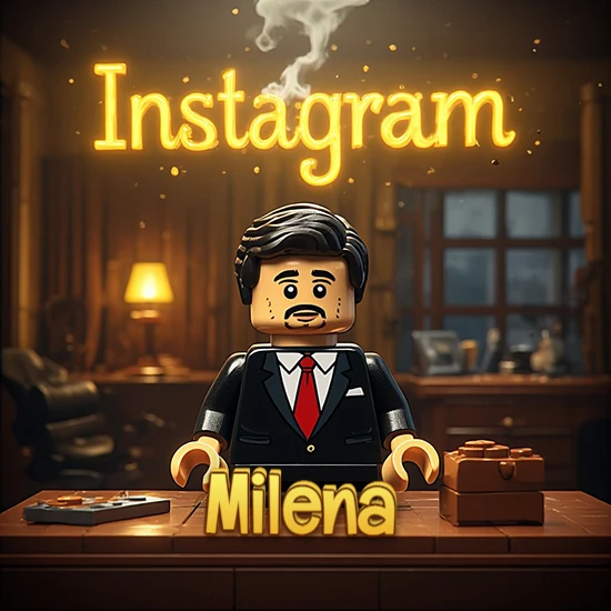 Mundo miniatura de Lego. Hombre de negocios con traje negro en escritorio clásico. Logotipo de Instagram en neón amarillo brillante con humo ligero. Nombre en 3D apoyado en el escritorio. Diseño con el nombre Milena.